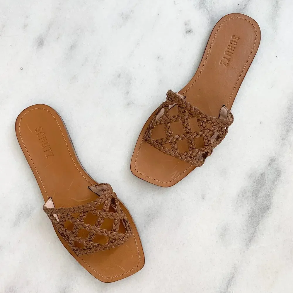 NEW Schutz Ericka Leather Braided Woven Slide Sandal Shoe Wood Size 6.5